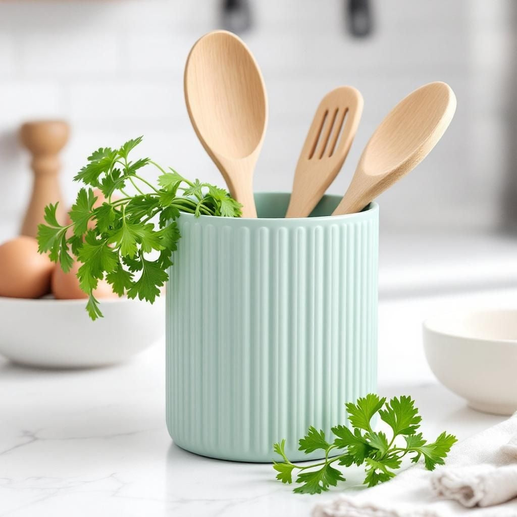Green container with wooden utensils and herbs on a kitchen counter