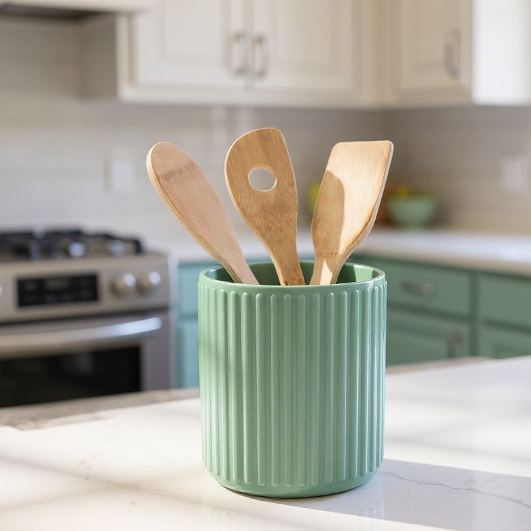 RibWeave Hygge ribbed utensil holder in deep black on a minimalist kitchen countertop.