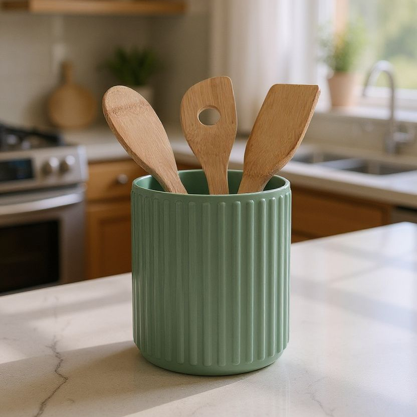 Green container with wooden utensils on a kitchen counter