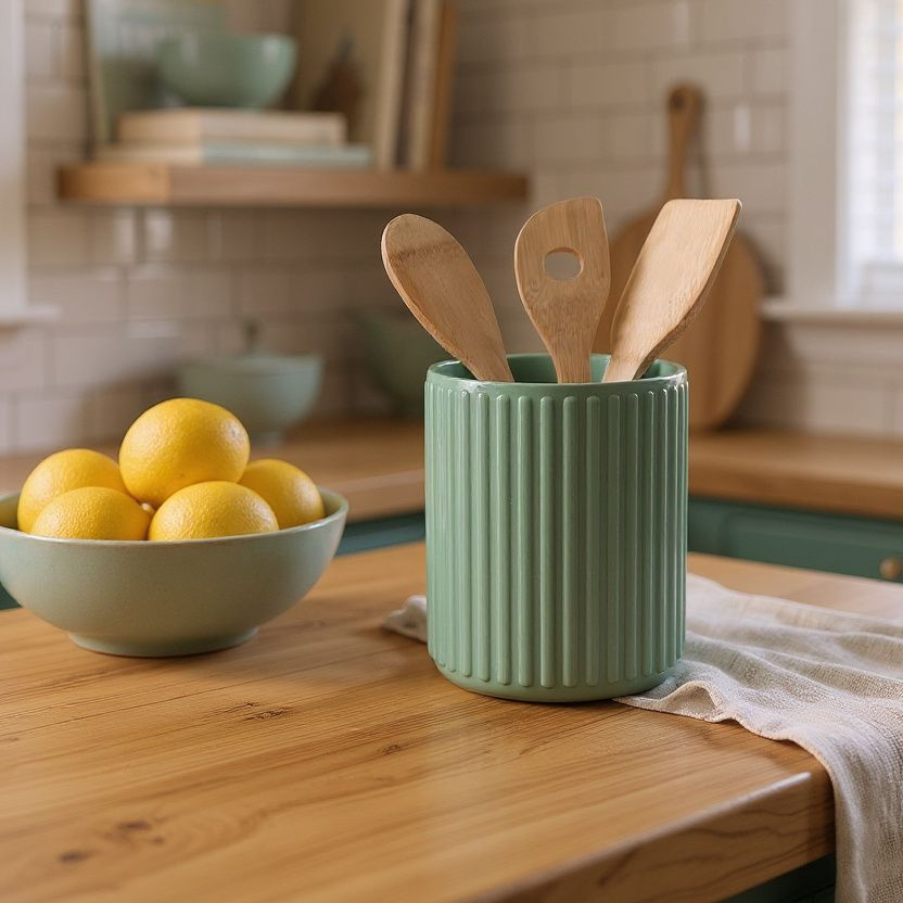 Green ceramic container with wooden spoons on a wooden table, with lemons in a bowl in the background.