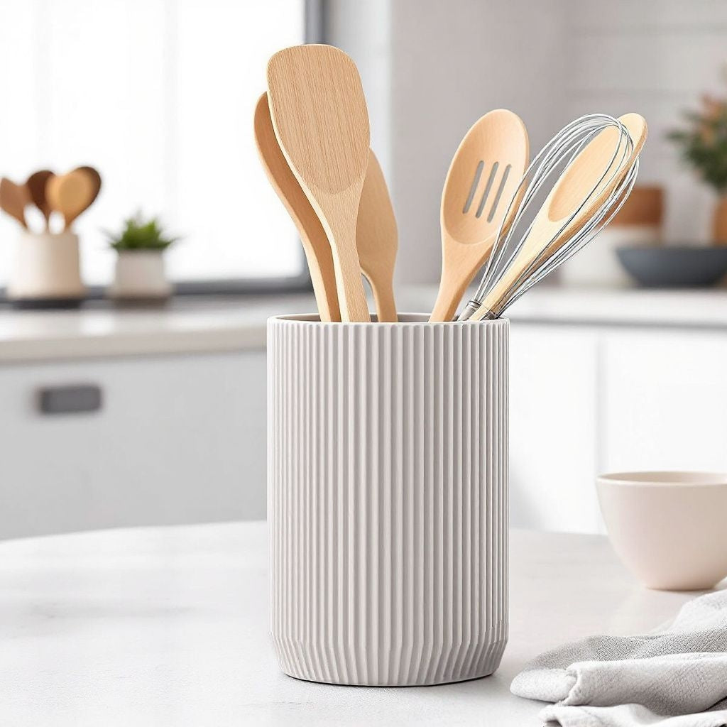 Kitchen utensils including wooden spatulas and a whisk in a ribbed ceramic holder on a kitchen counter.