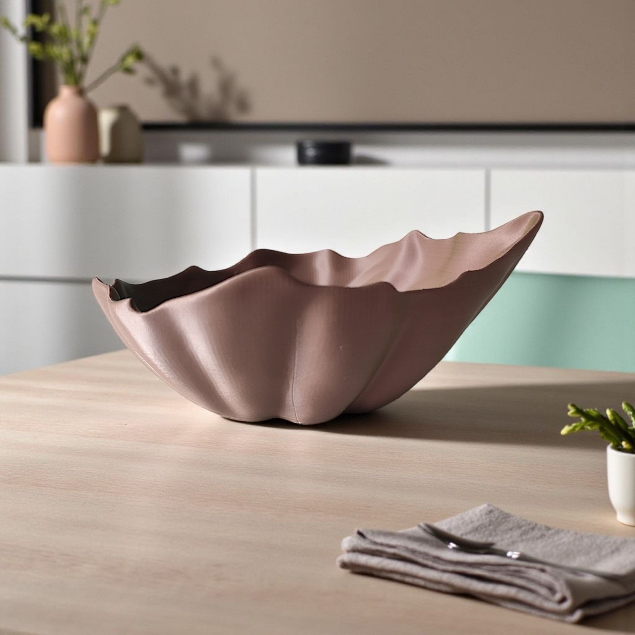 PLA Plastic bowl on a wooden table with a blurred kitchen background