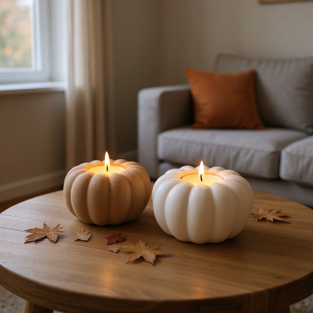 Two pumpkin-shaped candles on a wooden table with a blurred living room background