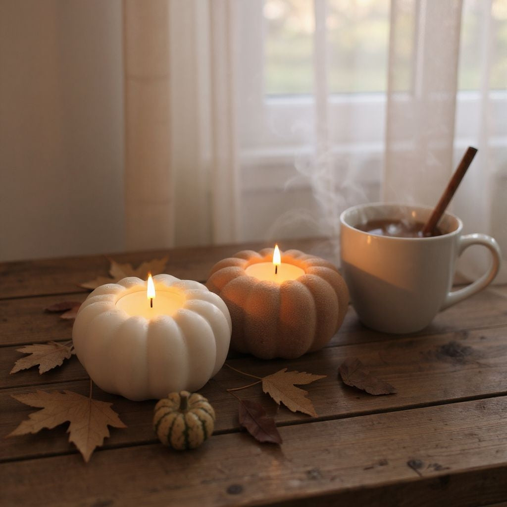 Two pumpkin-shaped candles and a steaming mug with a cinnamon stick on a wooden surface.