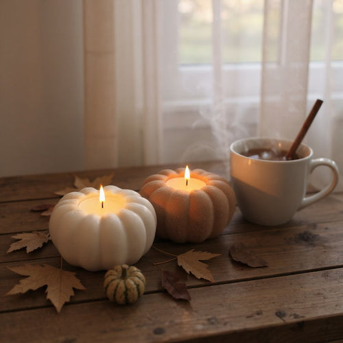 Two pumpkin-shaped candles and a steaming mug with a cinnamon stick on a wooden surface.