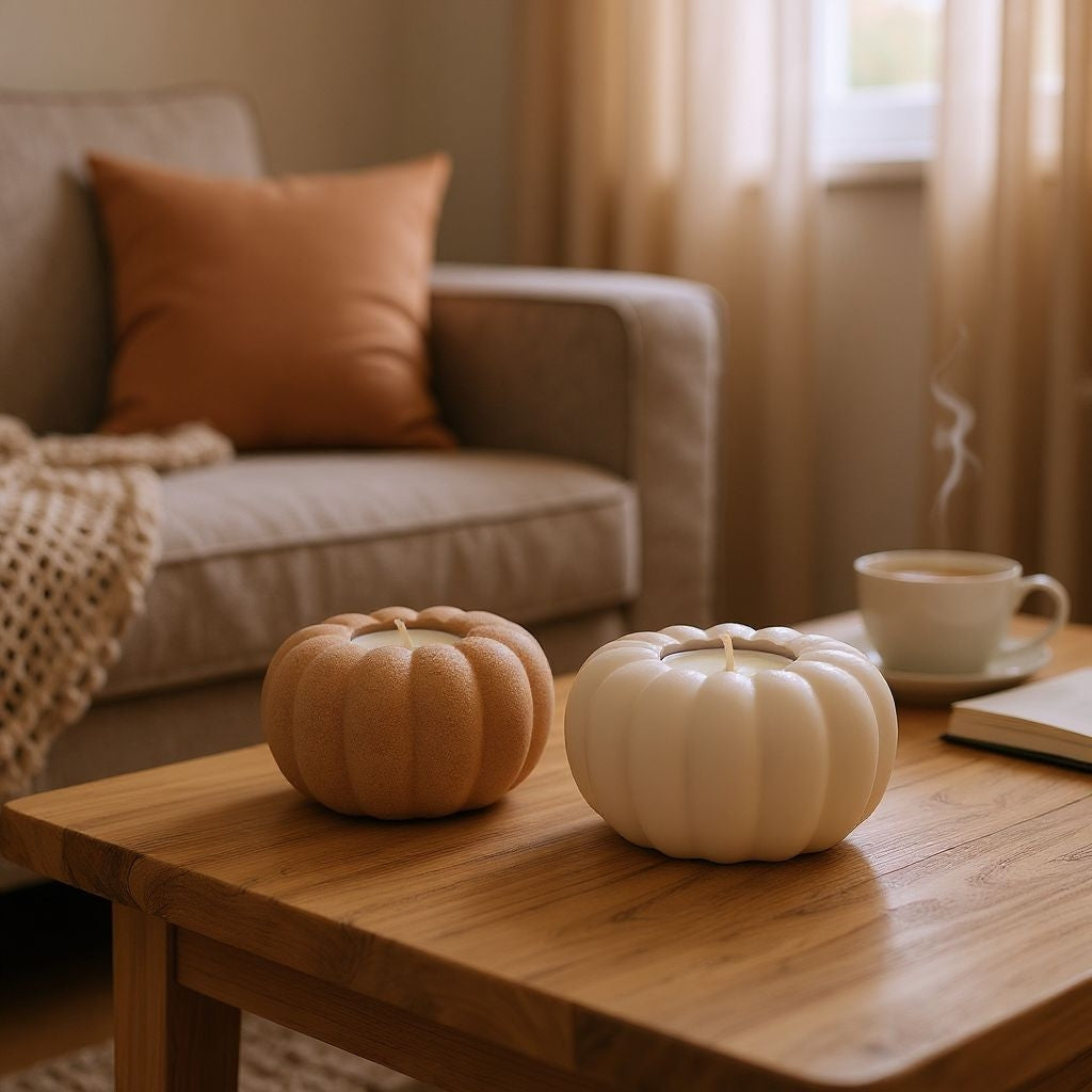 Two pumpkins on a wooden table with a cozy living room background