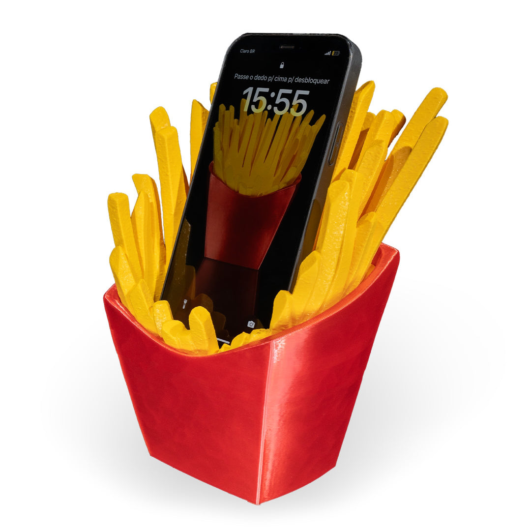 Close-up of 3D Printed French Fry Phone Holder with textured details