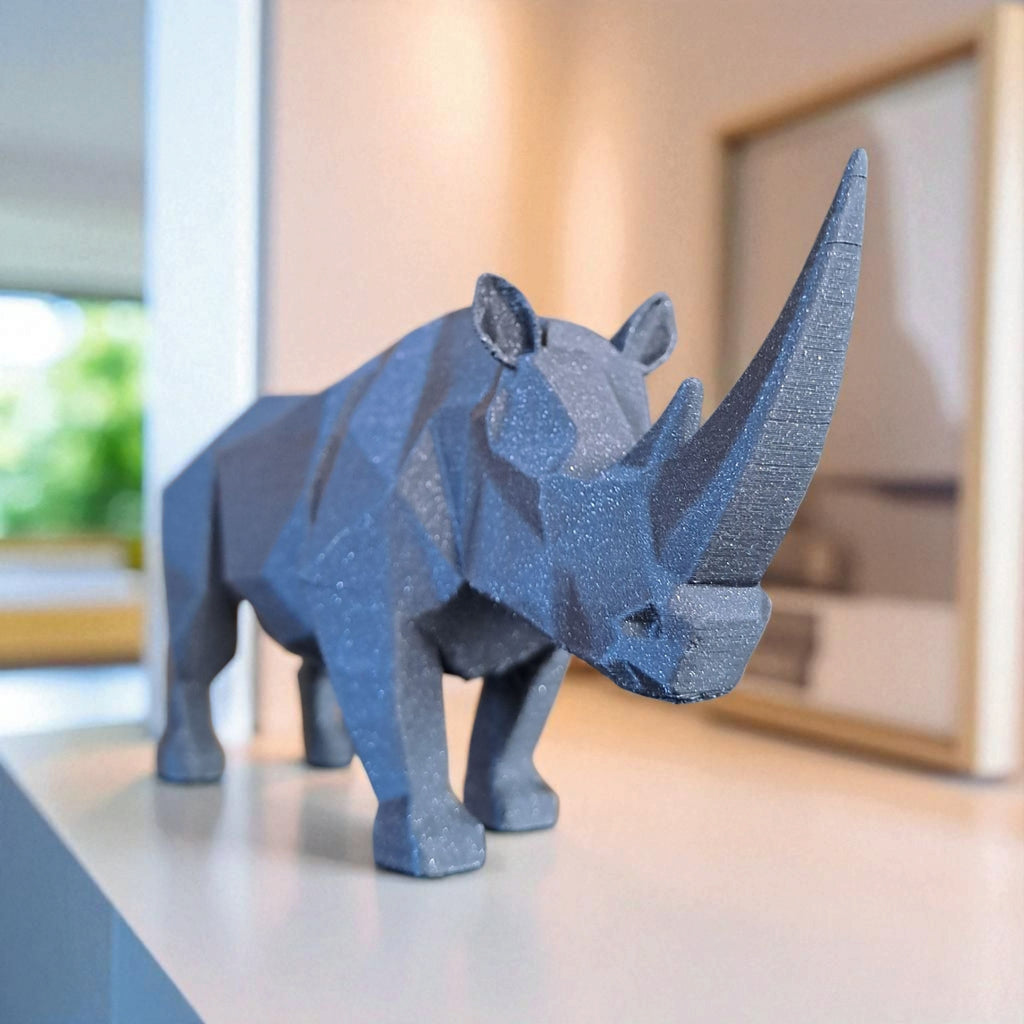 Blue rhinoceros figurine on a reflective surface with a blurred indoor background