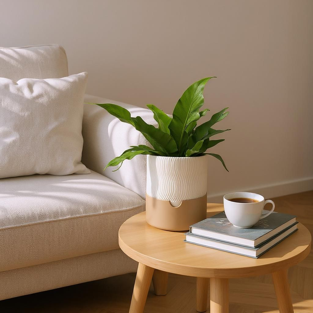 Small wooden table with a potted plant and a cup of coffee in a living room setting.