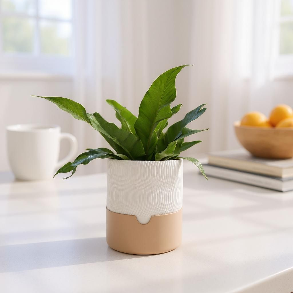 Potted plant on a table with a cup and bowl in the background