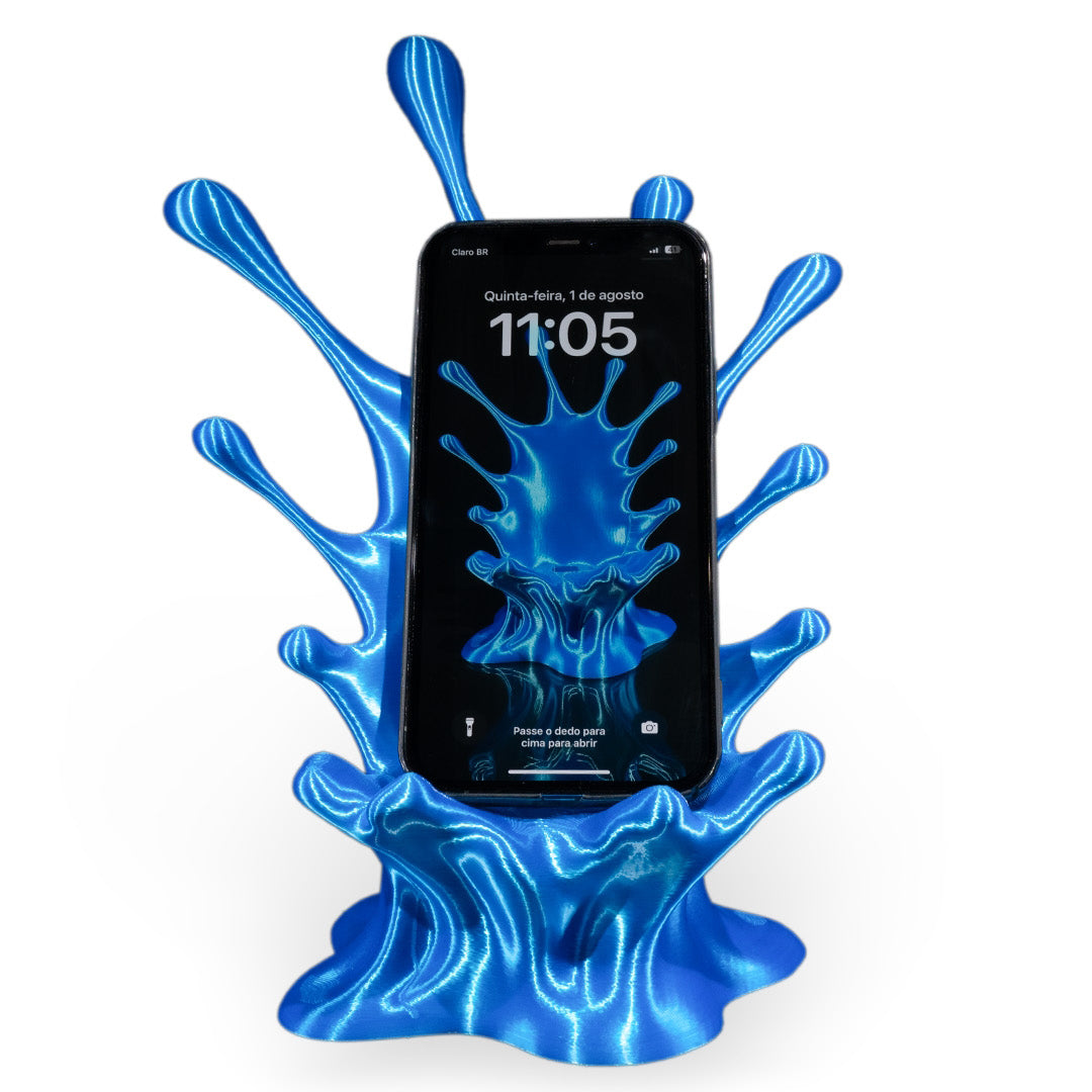 Water Splash Phone Holder on a wooden desk with phone charging