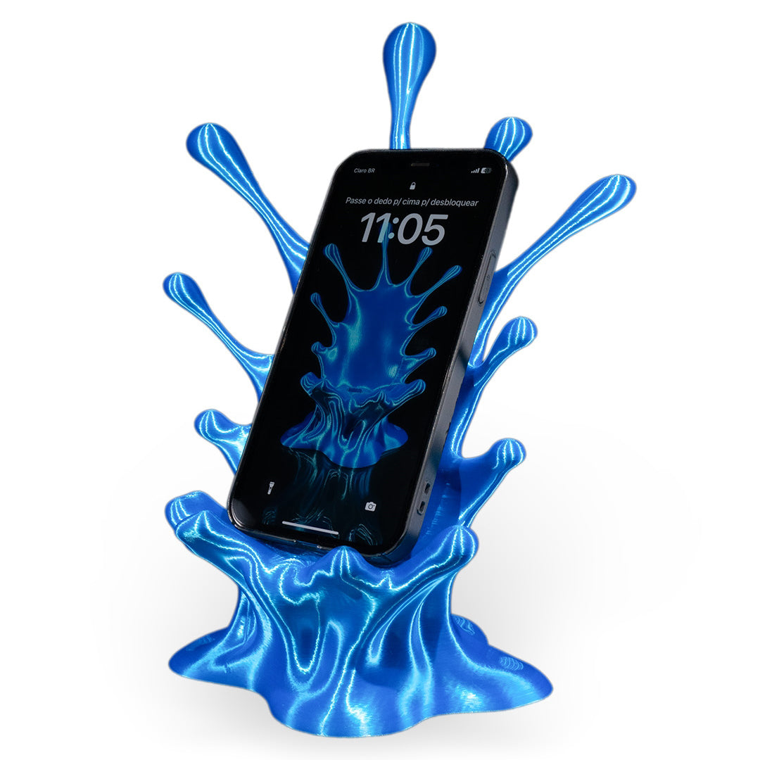 Close-up of 3D Printed Water Splash Phone Stand with USB cable routed