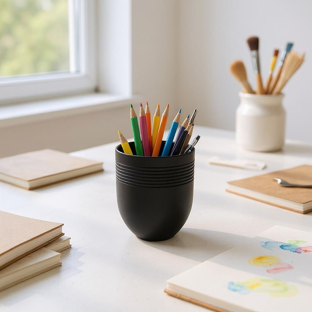 Black cup filled with colorful pencils on a desk with notebooks and a jar of brushes.