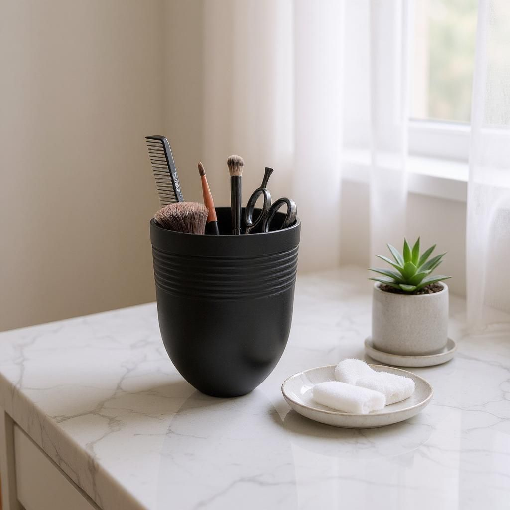 Black container with grooming tools on a marble surface with a plant in the background