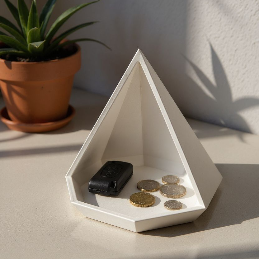 White geometric shelf with coins and a black object on a light surface, next to a potted plant.