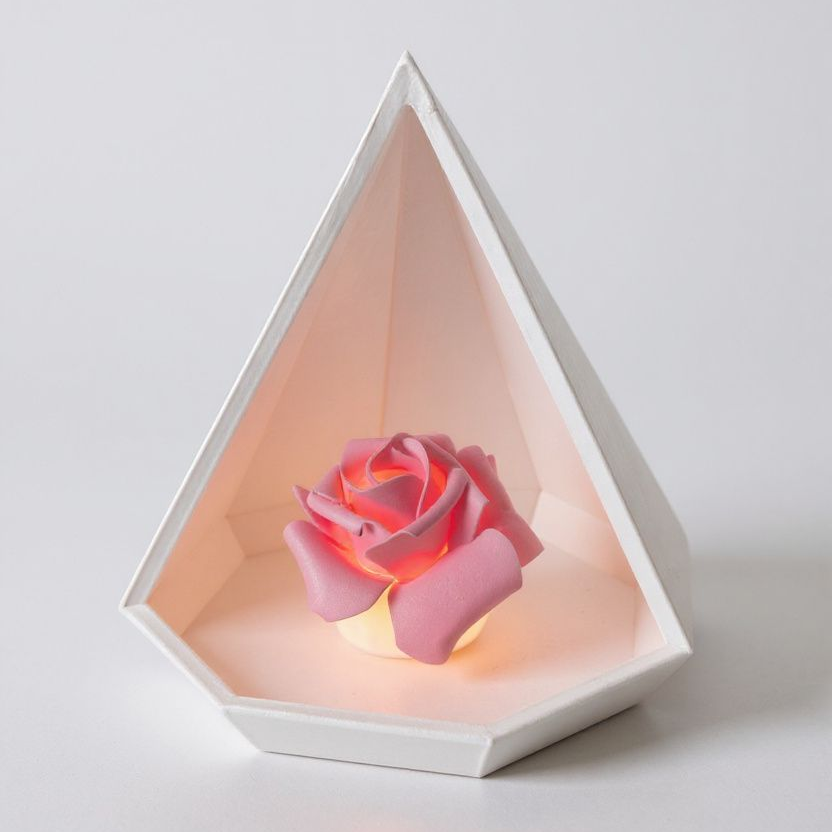 Geometric night light with a pink rose inside on a white background