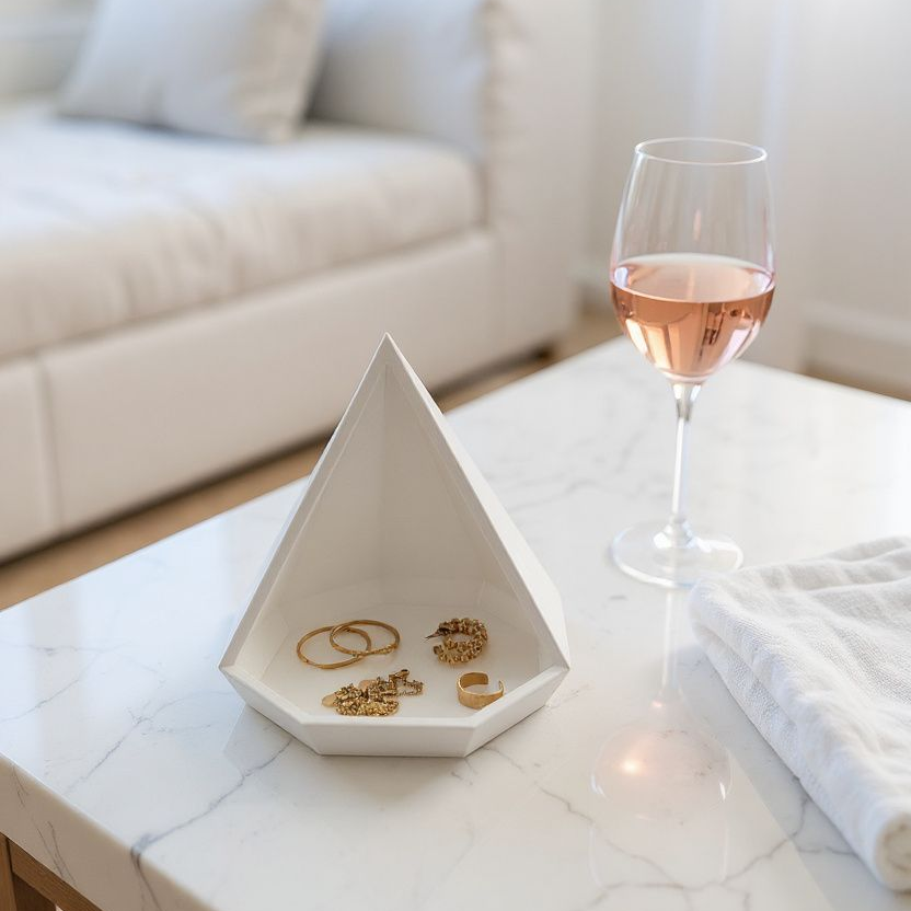 Geometric white jewelry dish with gold rings on a marble surface next to a glass of pink wine.