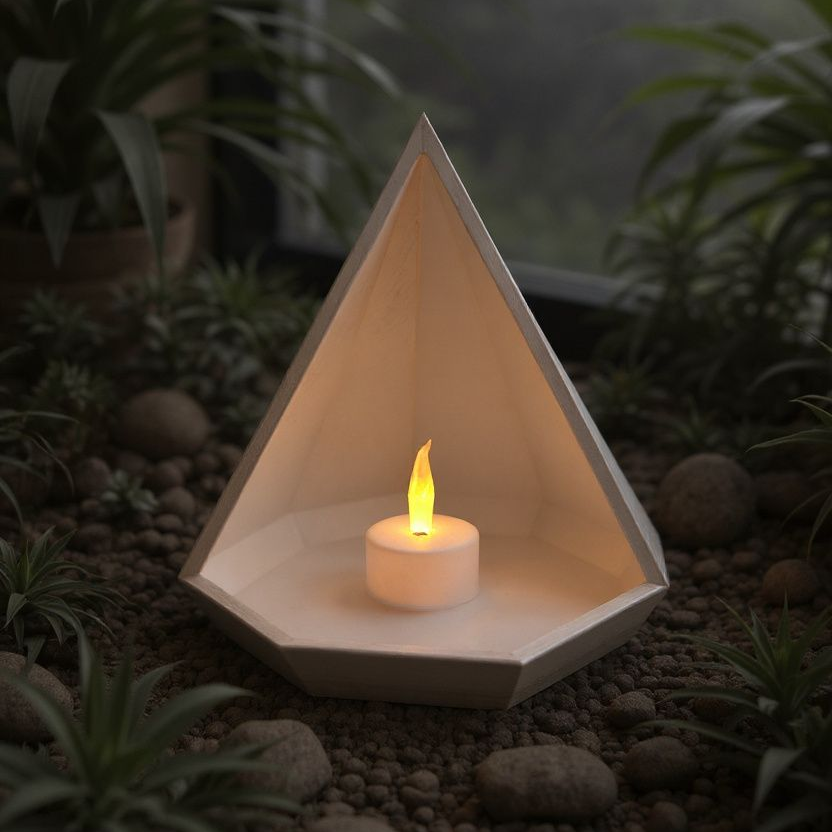Geometric wooden lantern with a lit candle inside, surrounded by plants at night.