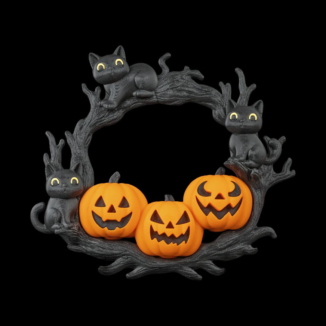 Halloween wreath with black cats and jack-o'-lanterns on a black background