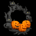 Halloween-themed wreath with black cats and jack-o'-lanterns on a black background