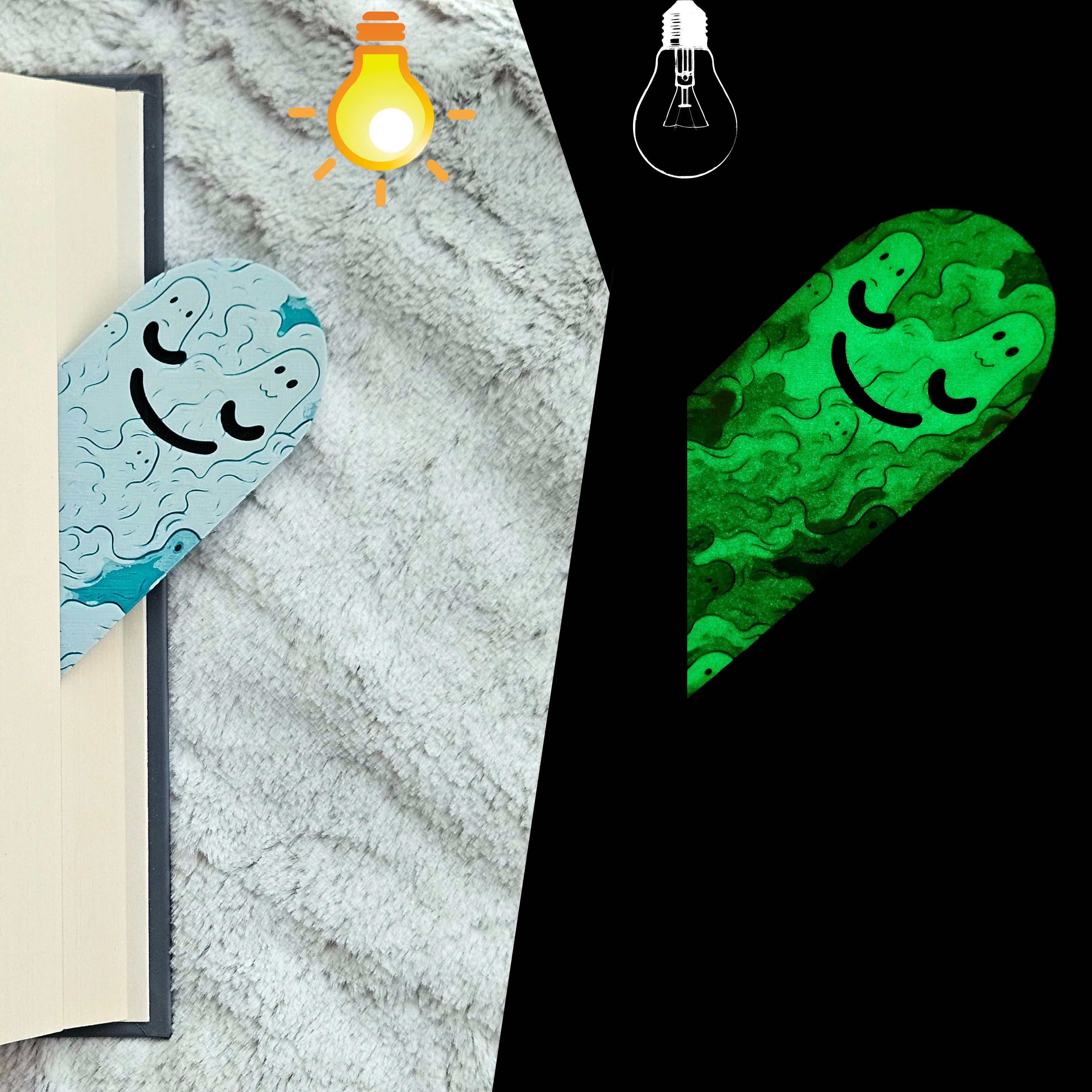 Two colorful bookmark designs on a textured surface with light bulb icons above.