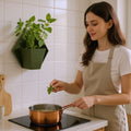 Geometric wall planter with basil, mint, and parsley on a kitchen wall.