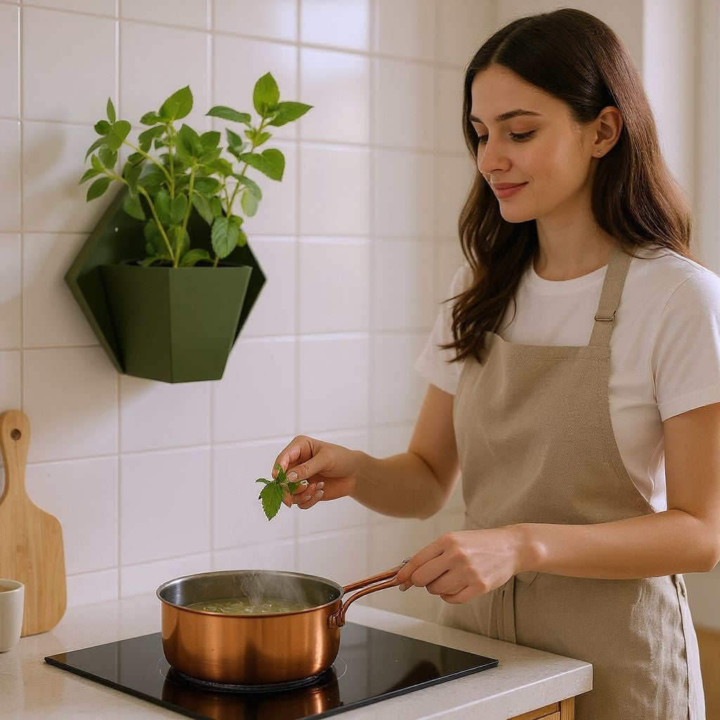 Geometric wall planter with basil, mint, and parsley on a kitchen wall.