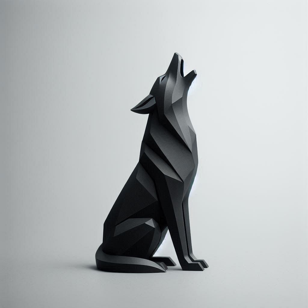 Black geometric dog sculpture on a light gray background