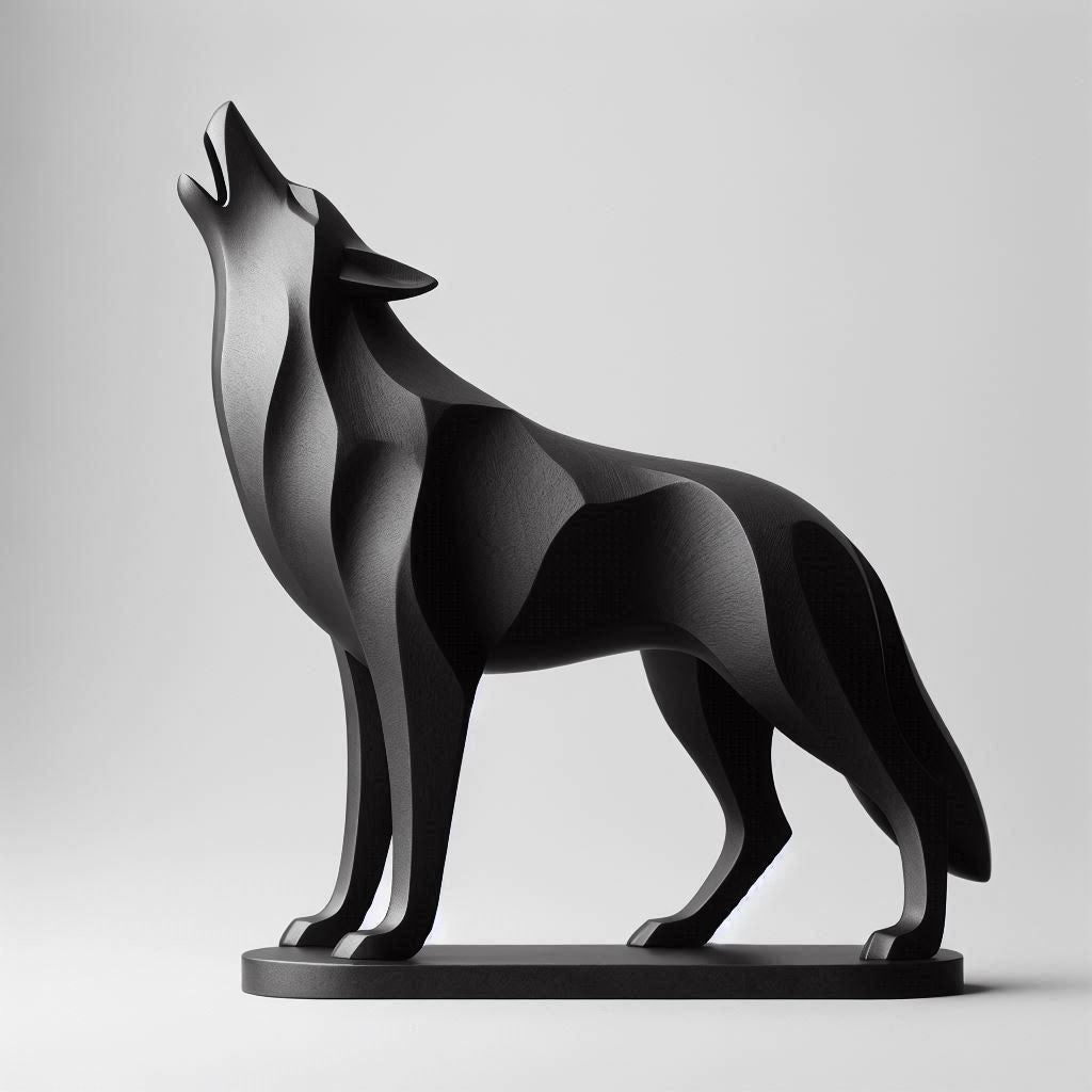 Black wolf sculpture on a gray background