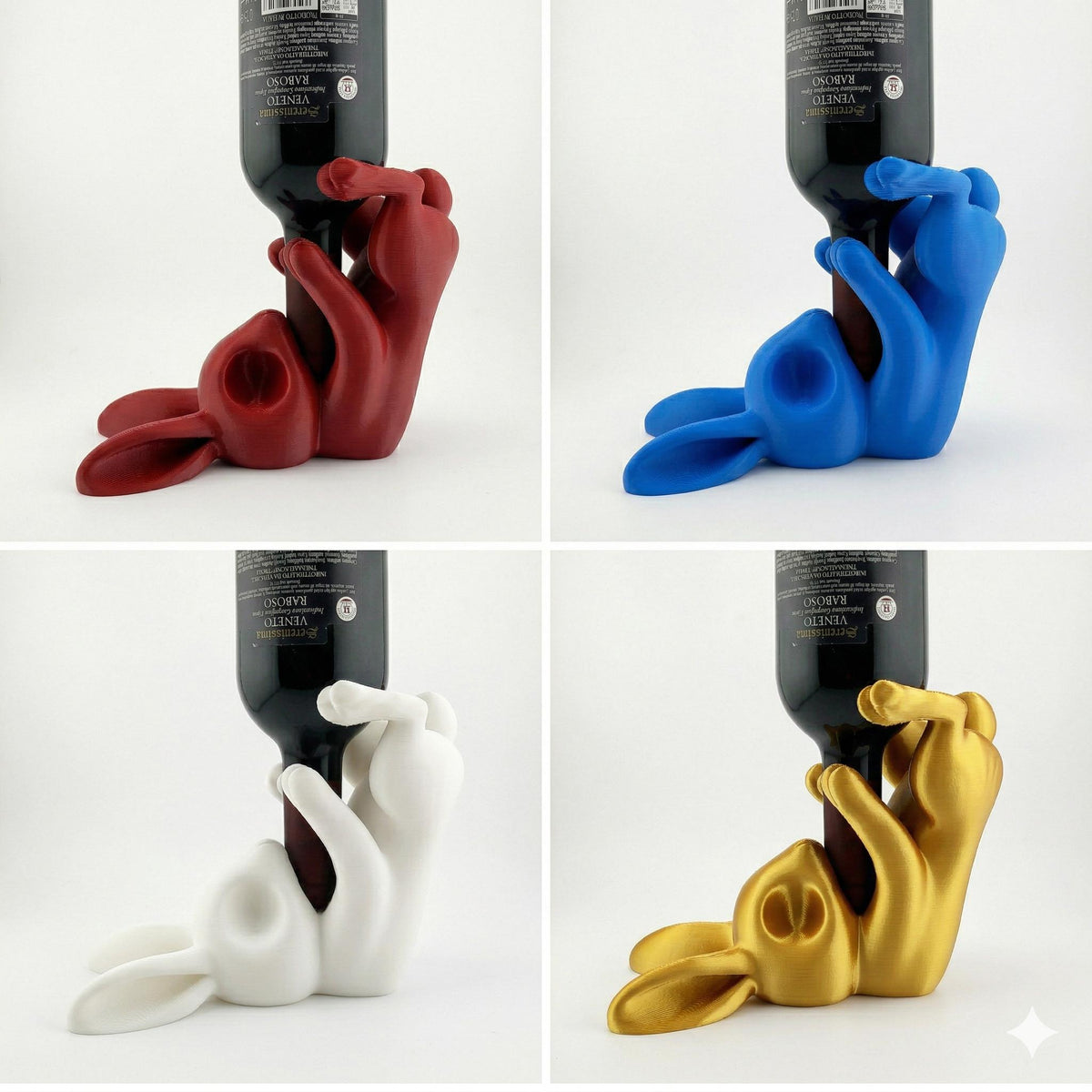 Bunny wine holders in red, blue, white and gold, each with a bottle
