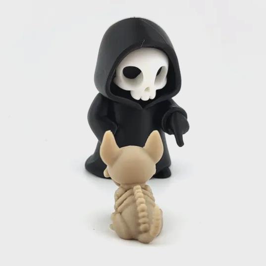 The Grim Pup, a skeleton French bulldog, with a grim reaper pointing at it
