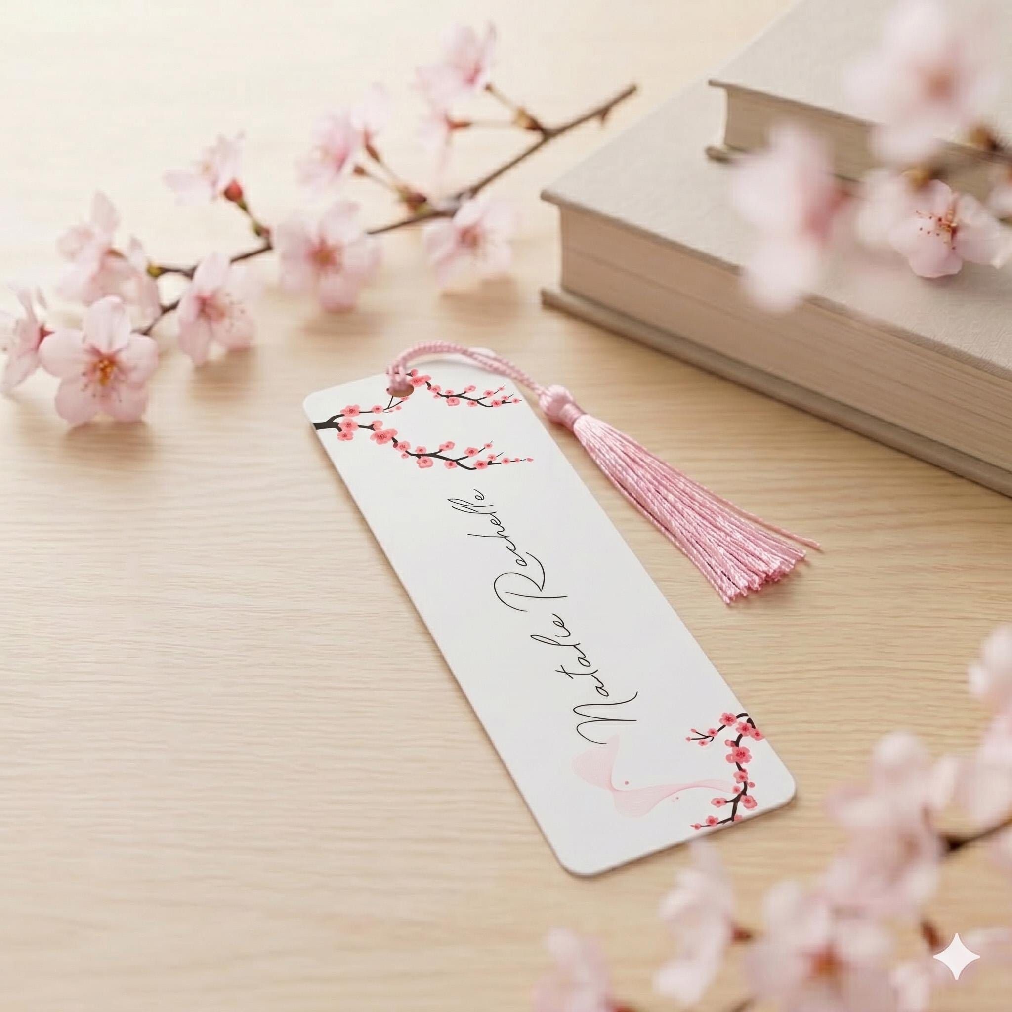 Personalized Cherry Blossom Bookmark, Custom Name Sakura Stationery, Floral Book Mark