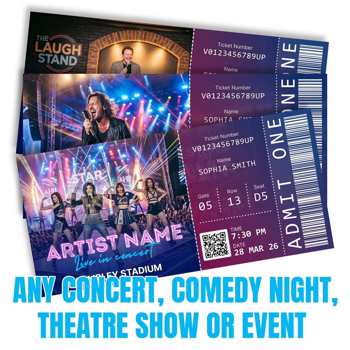 Three personalised event tickets: a comedy night and two concerts, for any concert, comedy night, theatre show or event