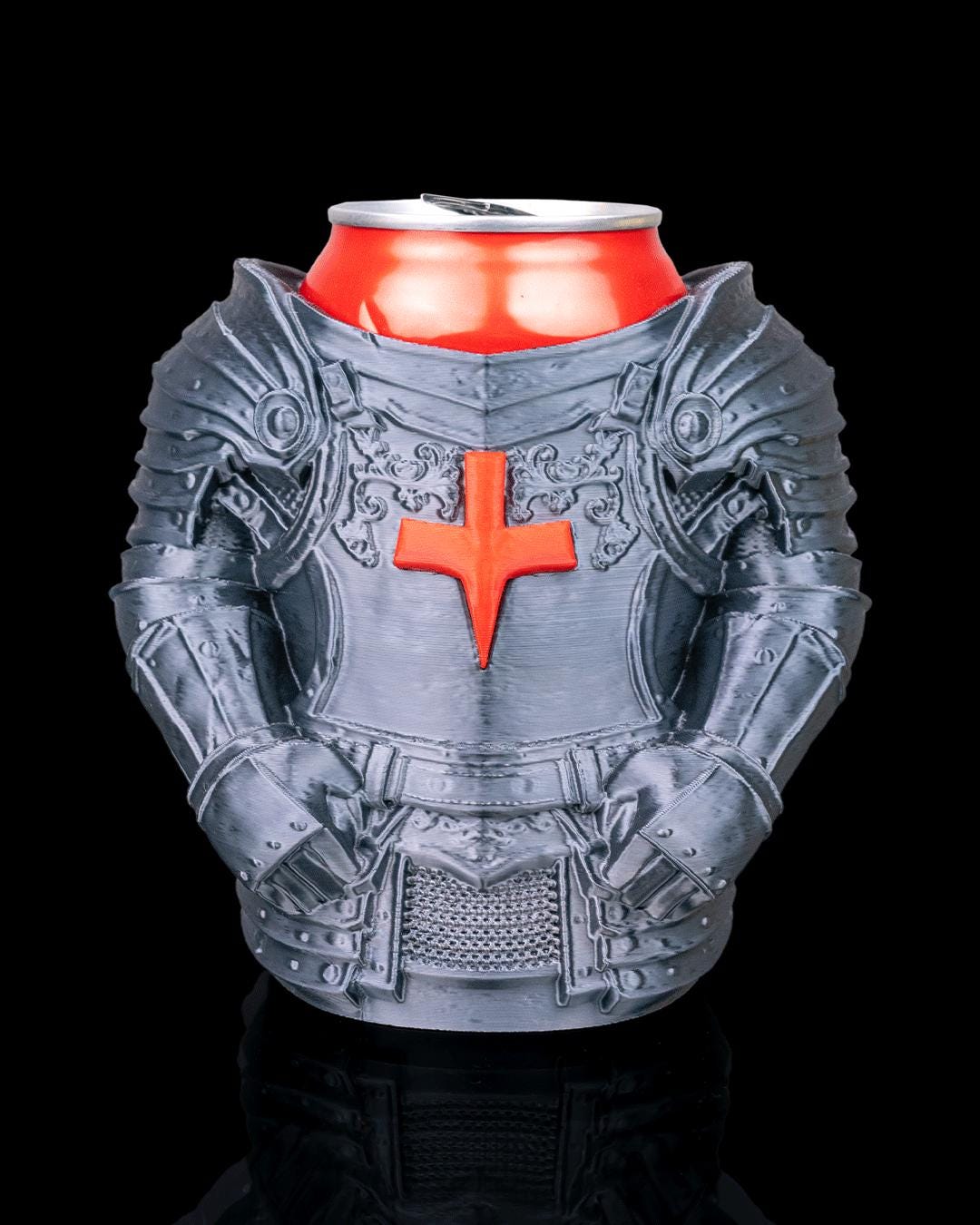 Knight armour can holder from the front, holding a red drinks can