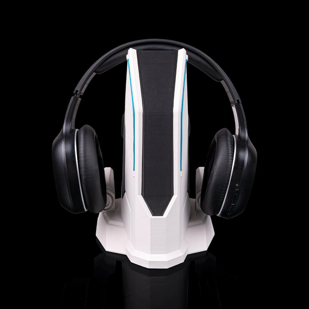 Sci-fi headset stand from the front with black headphones