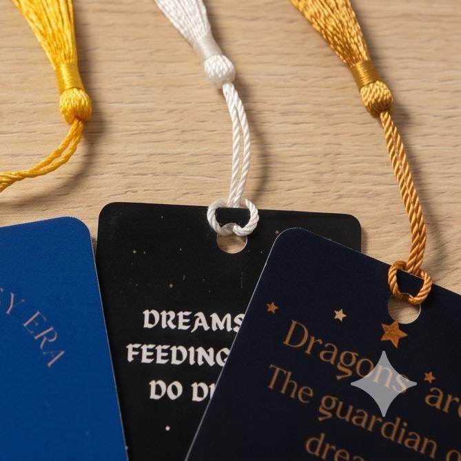 The tops of the three bookmarks with their gold and white tassels