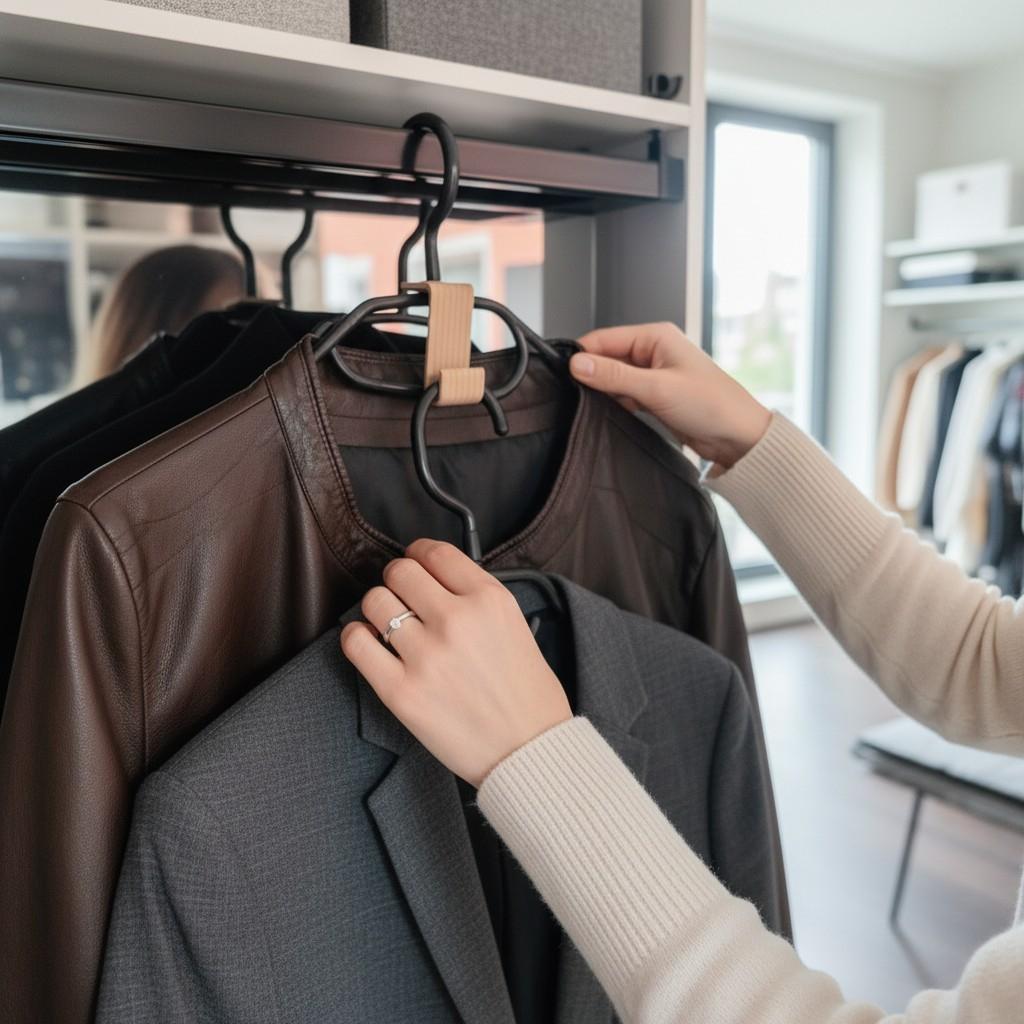 Hanging a blazer below a leather jacket with a connector hook in a wardrobe