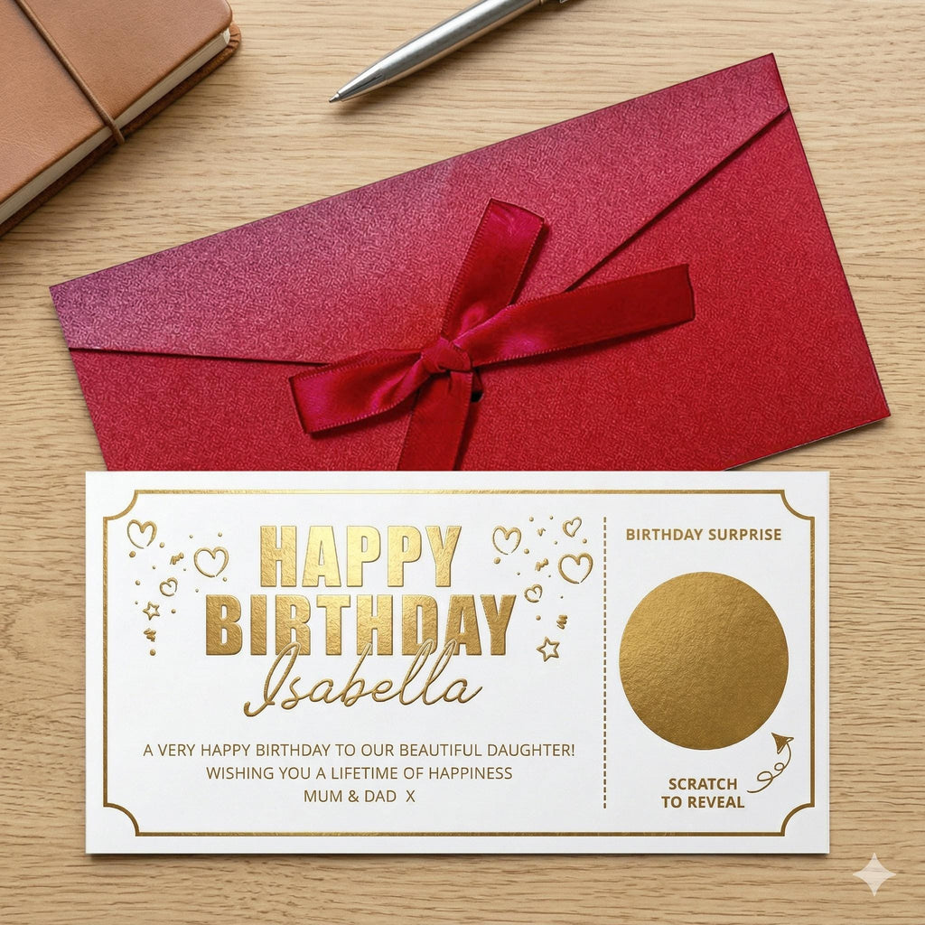 Personalised Happy Birthday scratch card for Isabella in gold foil, on a red ribbon envelope