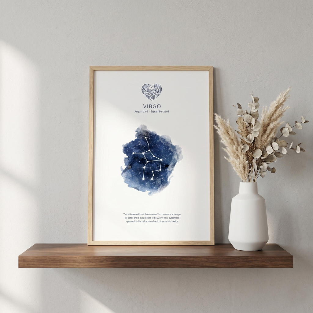 Virgo zodiac constellation print in indigo watercolour, with the Virgo symbol and dates, in a wood frame on a shelf
