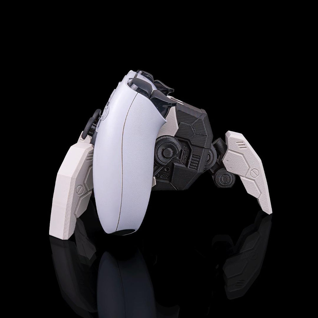 Robot spider stand from the side, holding a PS5 controller