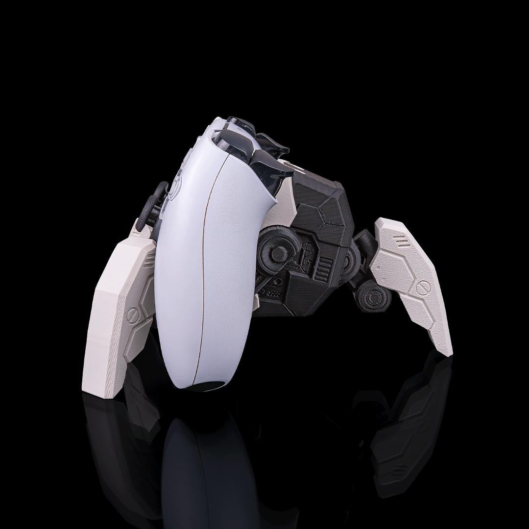 Robot spider stand from the side, holding a PS5 controller