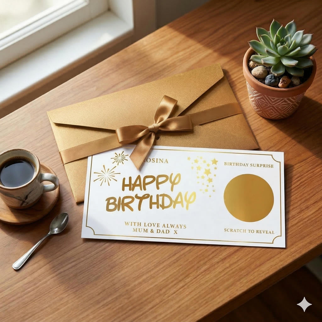 Birthday scratch card with a gold ribbon envelope