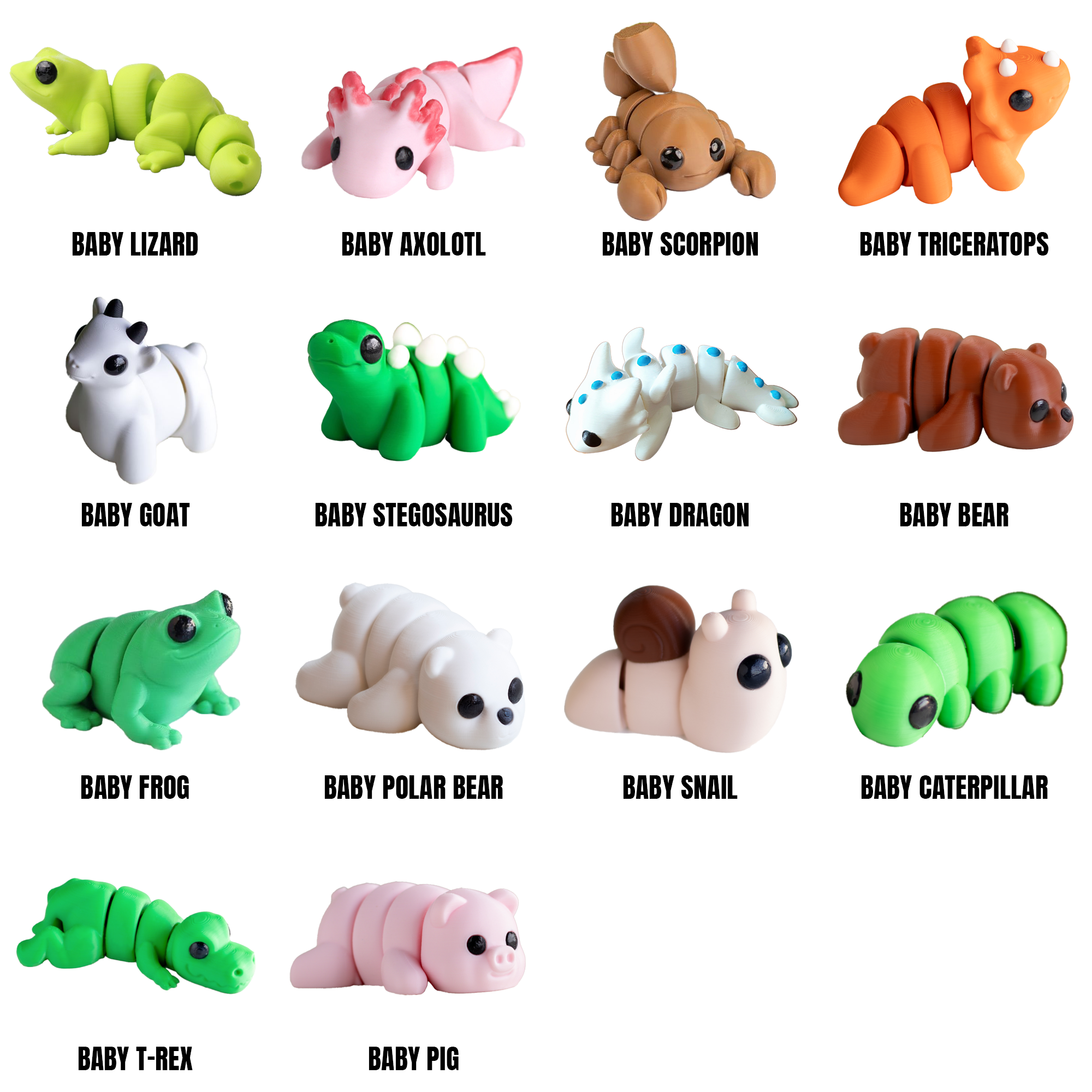 Collection of colorful baby animal figurines with labels on a white background