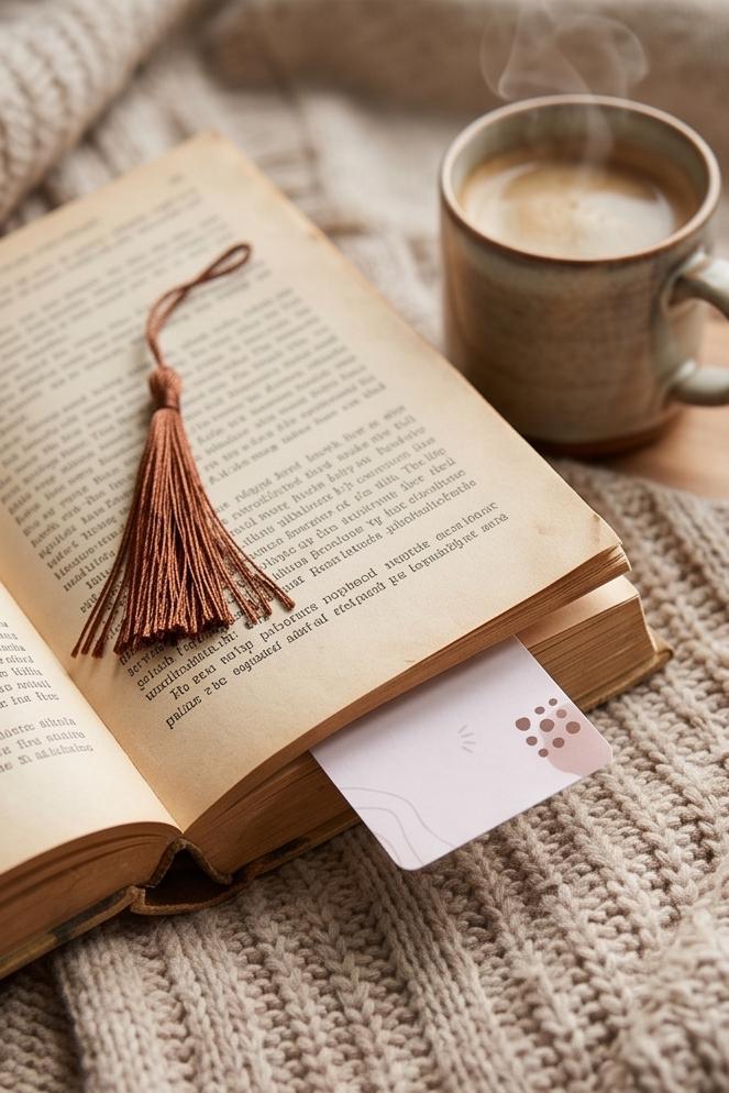 The bookmark tucked in an open book beside a steaming mug