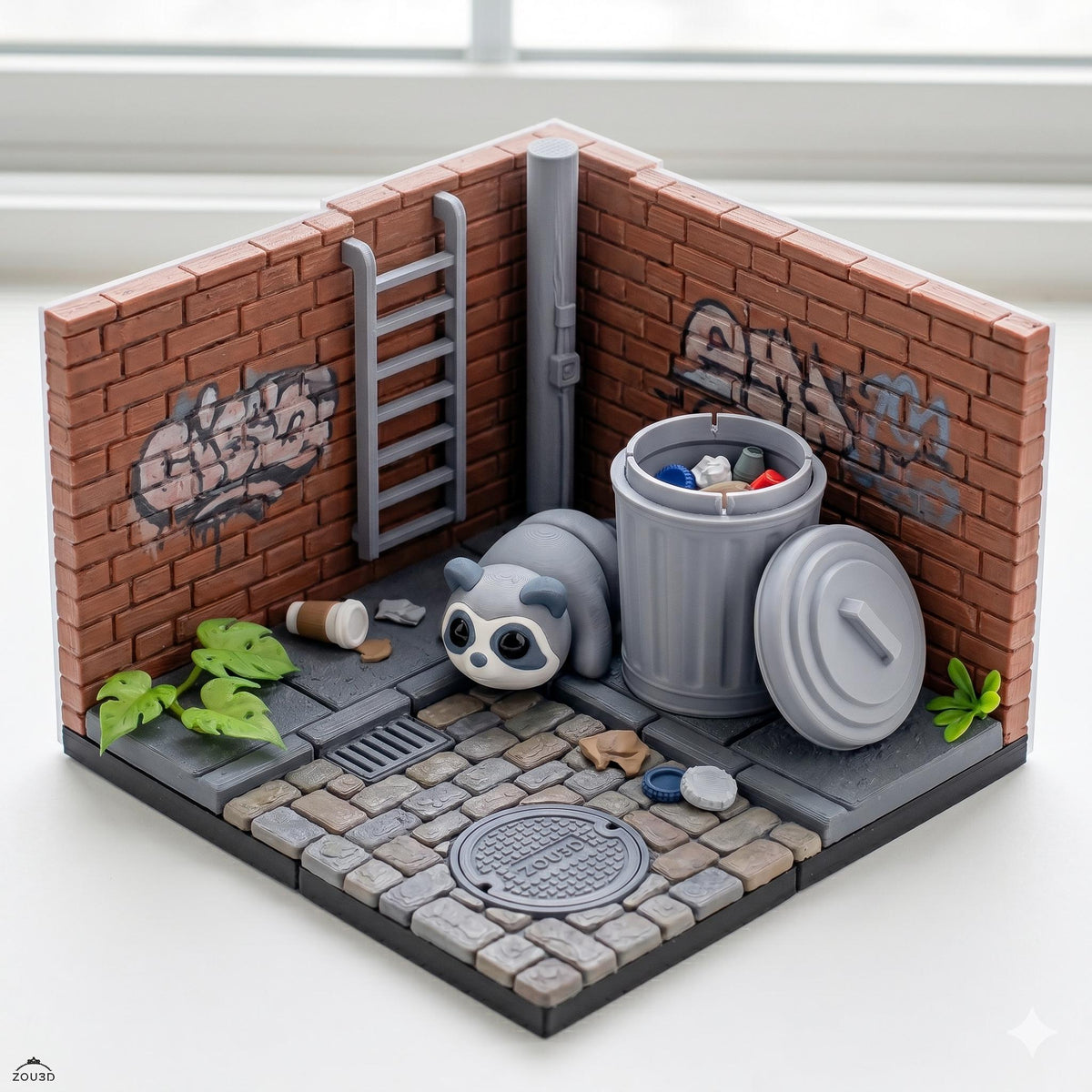 Articulated raccoon beside a dustbin in a brick alleyway scene