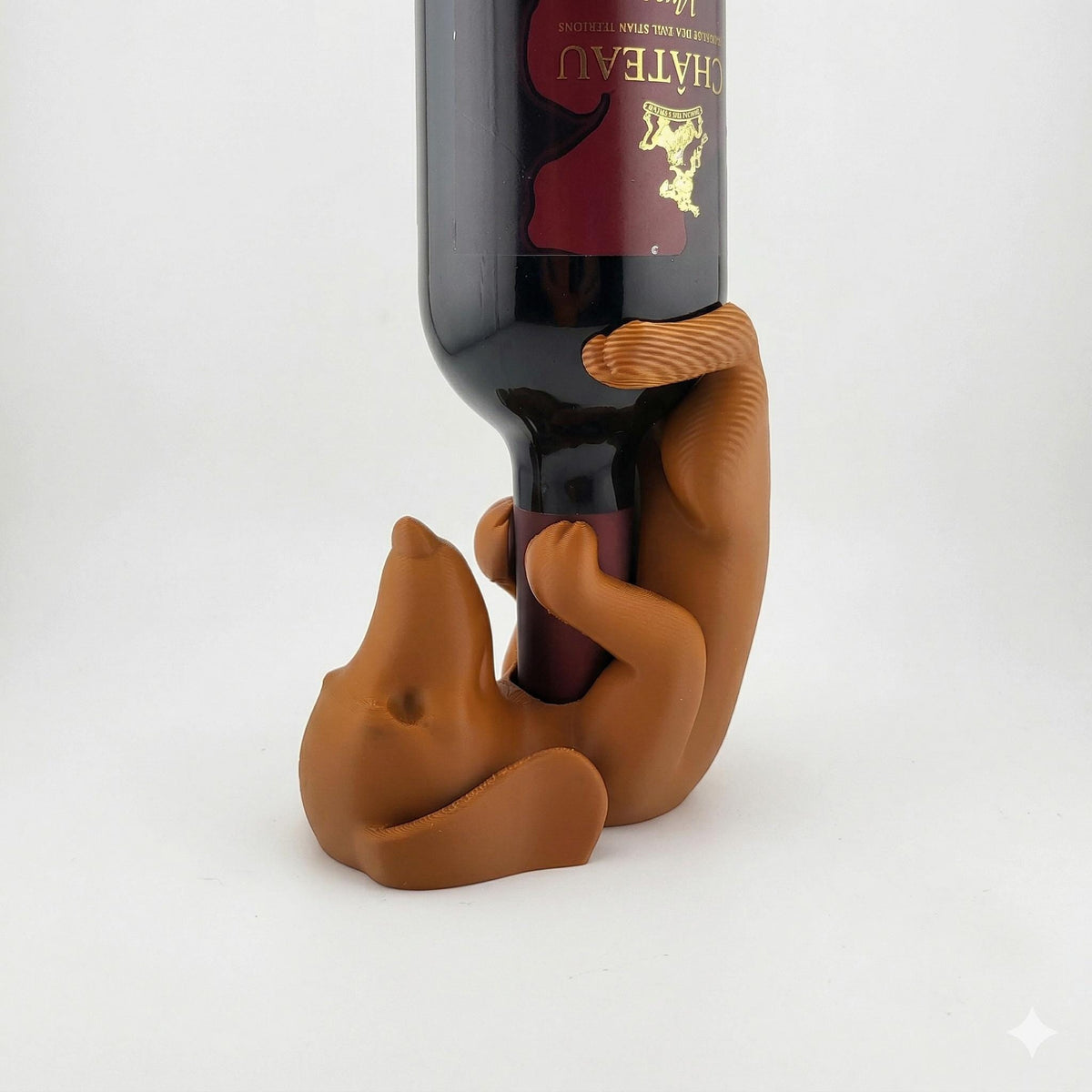 Brown dachshund wine holder hugging a wine bottle, close up