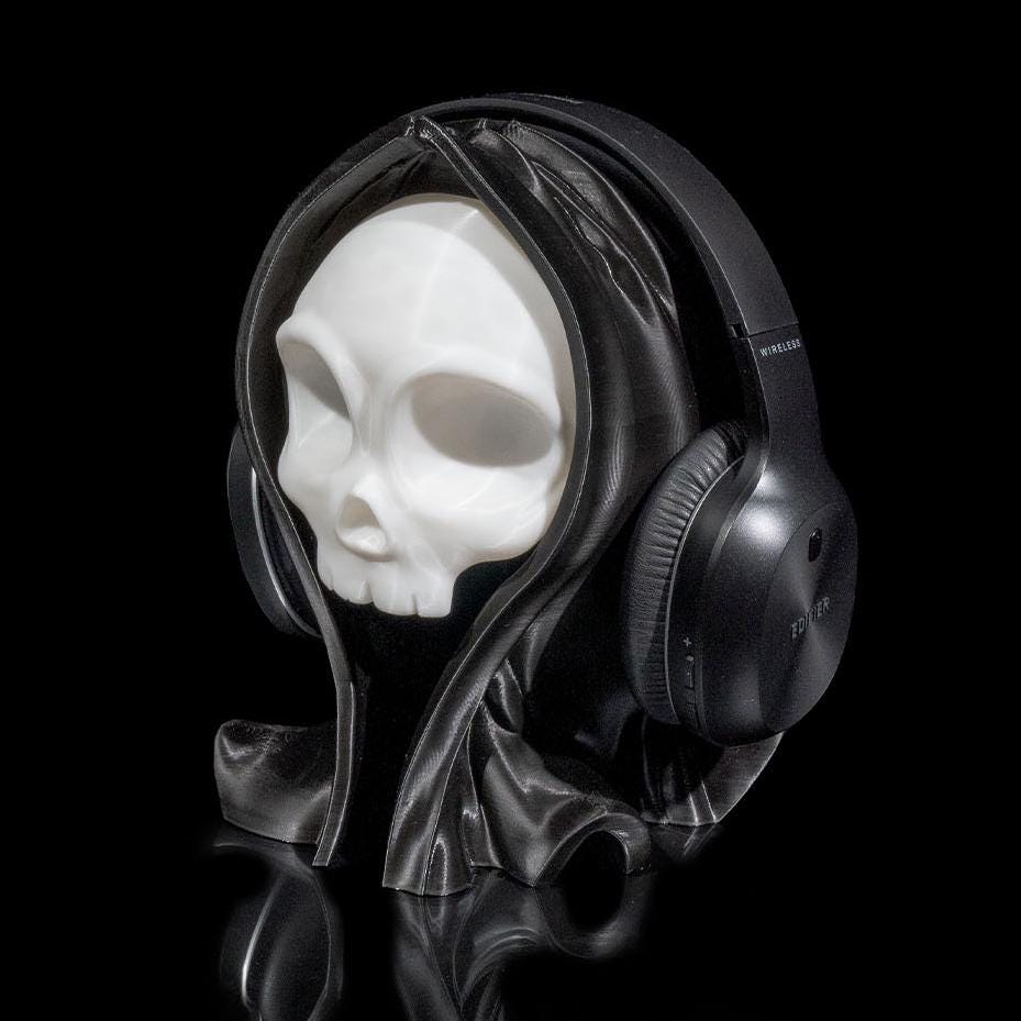 3D Printed Grinning Reaper Headphone Stand – Skull Desk Organizer