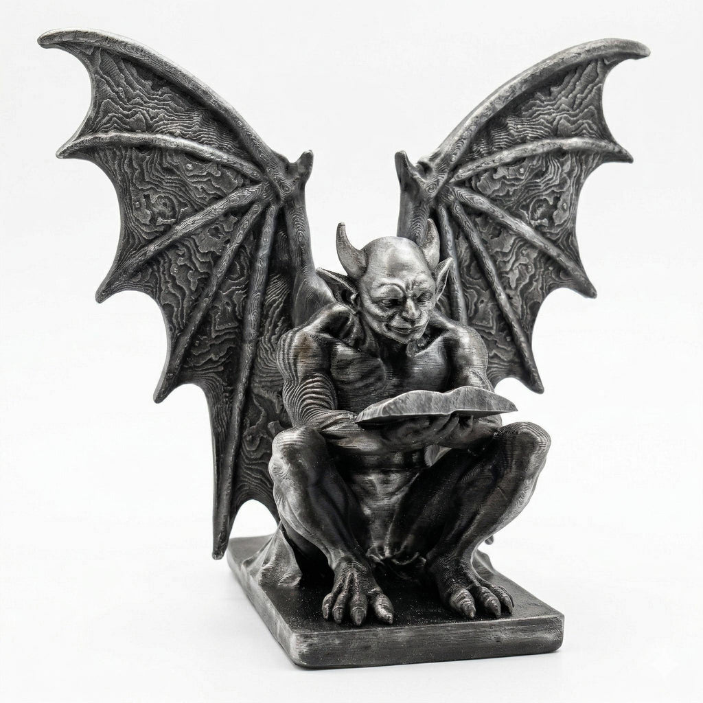 Gargoyle bookend in hand-painted silver: a winged gargoyle crouched over an open book