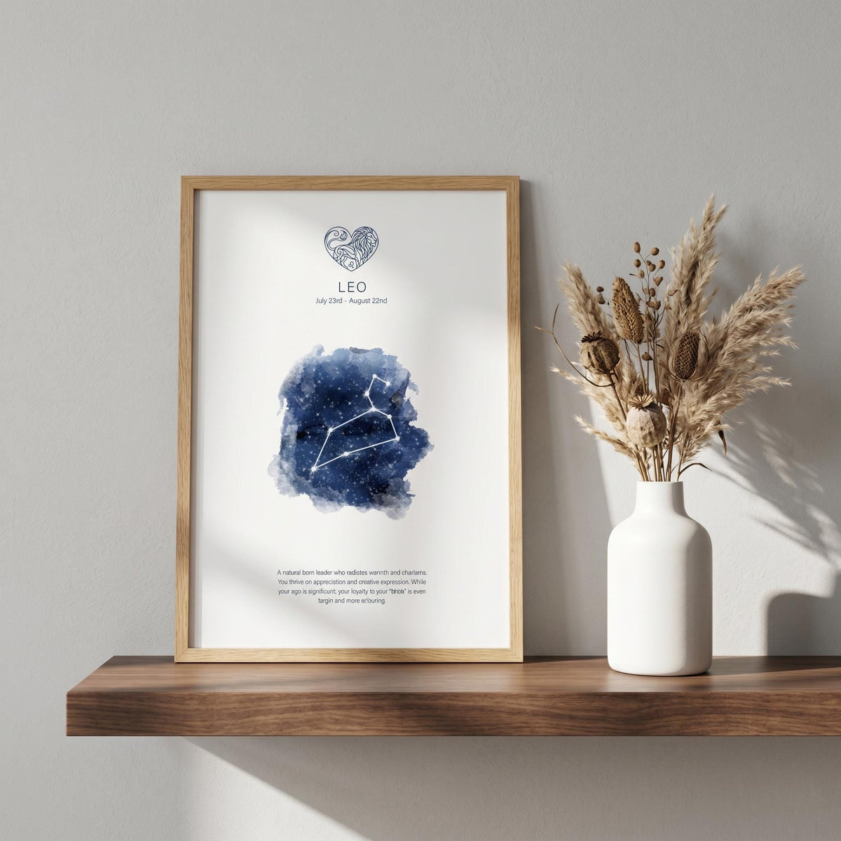 Leo zodiac constellation print in indigo watercolour, with the Leo symbol and dates, in a wood frame on a shelf