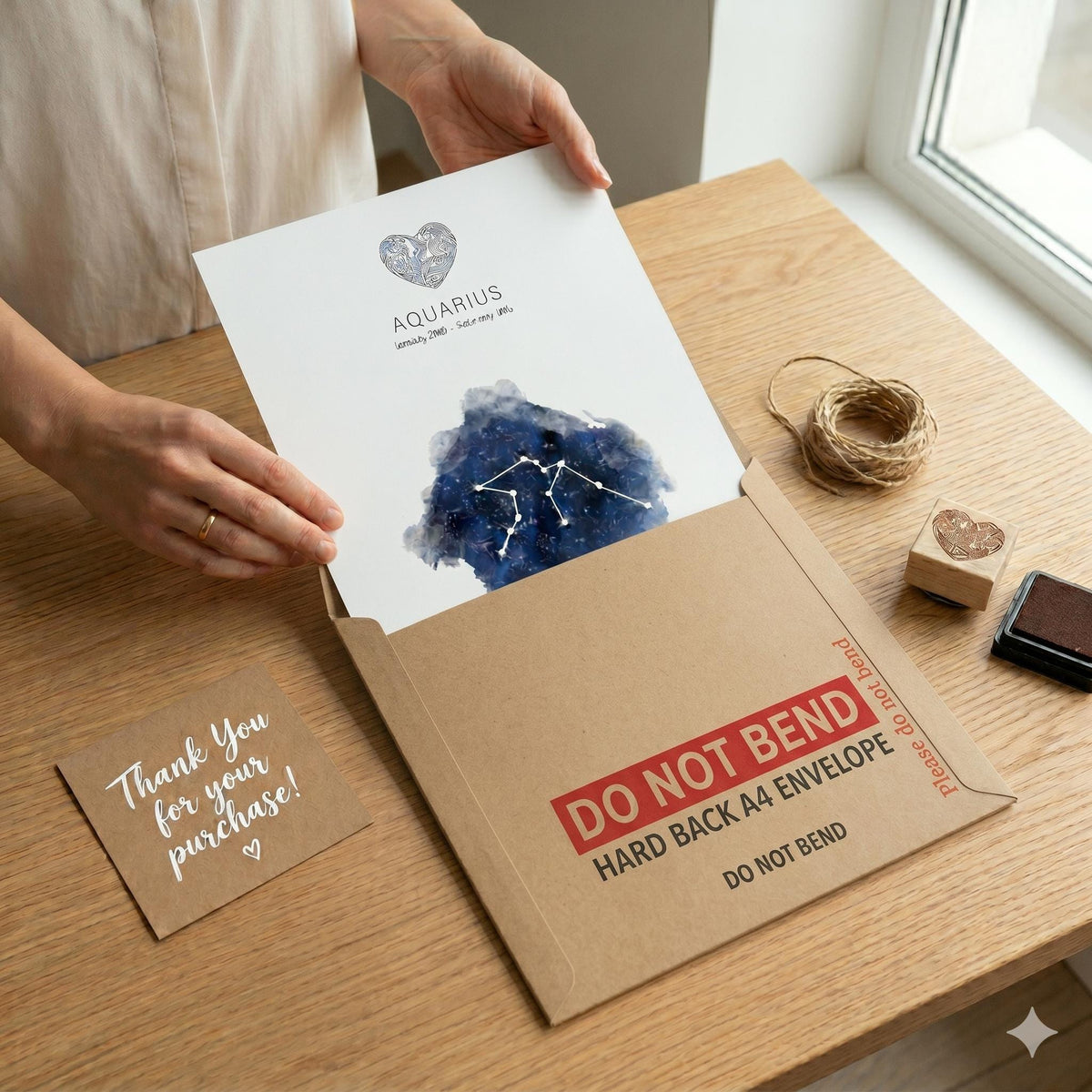A zodiac print being packed into a hard-backed Do Not Bend envelope with a thank-you card